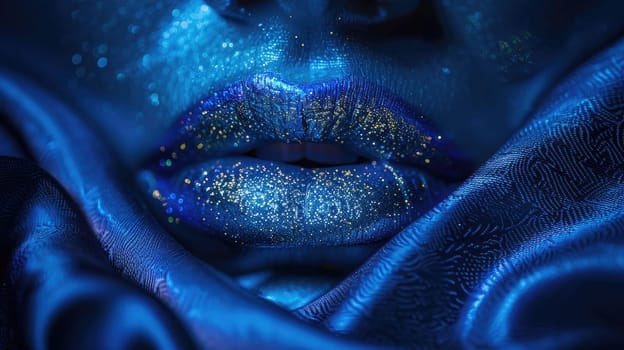 Vibrant blue glitter lips, illuminated with cool light from below.