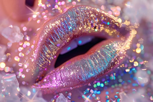 Shimmering, holographic glitter lips, iridescent colors shifting under the light.