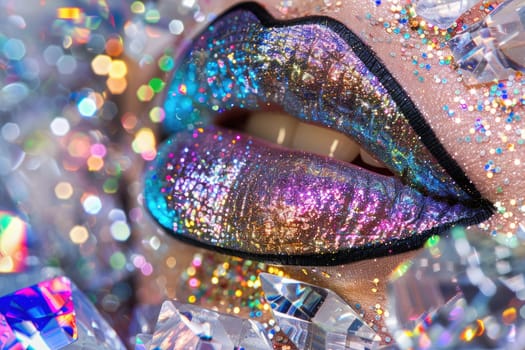 Shimmering, holographic glitter lips, iridescent colors shifting under the light.