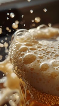 A close up of a glass of beer with frothy foam overflowing, showcasing the liquid ingredient used in various recipes and cuisines