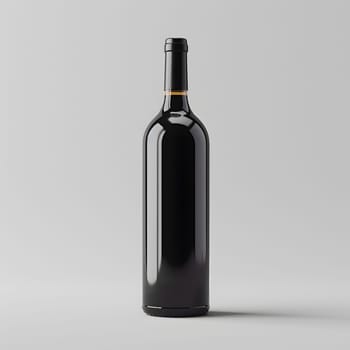 A glass wine bottle with a black rectangle label is placed upright on a white table. The bottle stopper is still intact, preserving the liquid inside