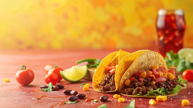 Two tacos with a side of corn and tomatoes, Fast Food Delights Banner.