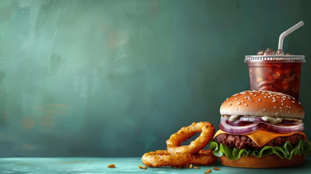 Clean and Simple Hamburger, Onion Rings, and Soft Drink Wallpaper Banner, Minimalist Fast Food Delight.