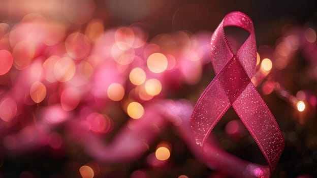 Gentle Glow of Hope of Breast Cancer Awareness Bokeh Lights on Dark Background.