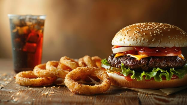 Clean and Simple Hamburger, Onion Rings, and Soft Drink Wallpaper Banner, Minimalist Fast Food Delight.