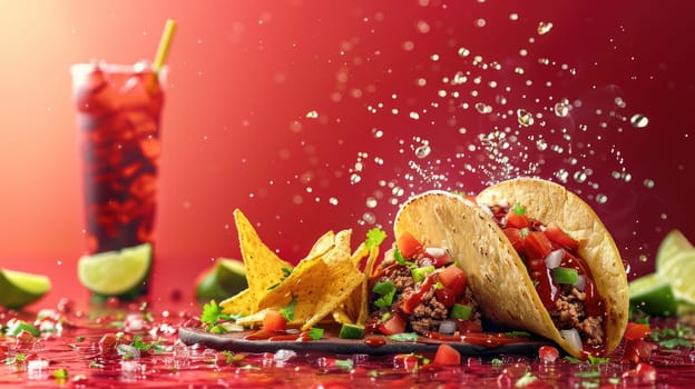 A plate of food with two tacos and a drink, Fast Food Banner.