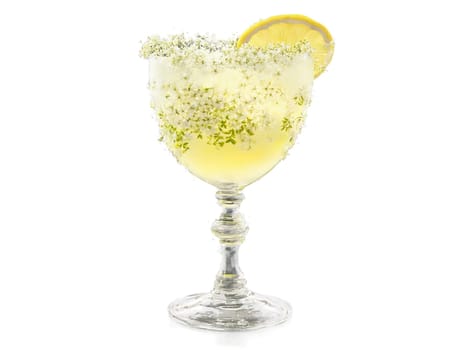 Elderflower Juice Fragrant elderflower juice in a crystal goblet elderflowers and lemon slices dynamic splash. Drink isolated on transparent background.