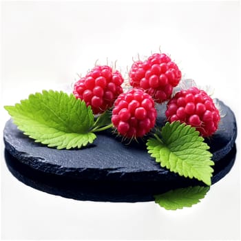 Delightful dewberries Rubus caesius artfully scattered on a black slate plate their wild essence captured. Food isolated on transparent background