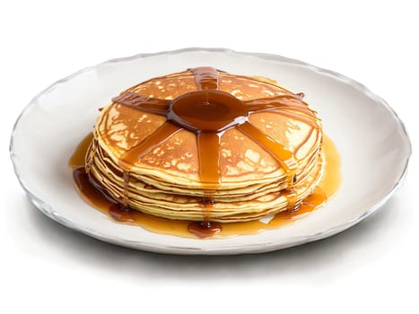 Pancakes apple cinnamon with a side of warm apple cider syrup on a transparent glass. Food isolated on transparent background.