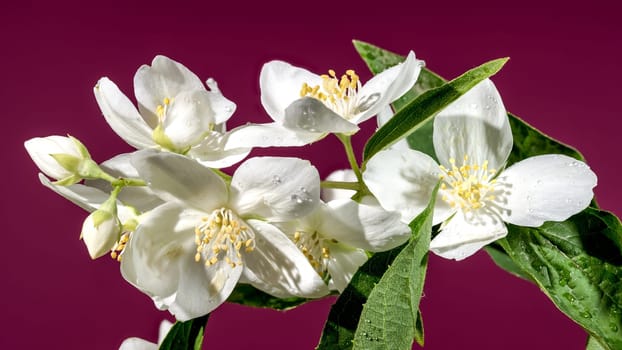 Blooming white jasmine flower on a red background. Flower head close-up.