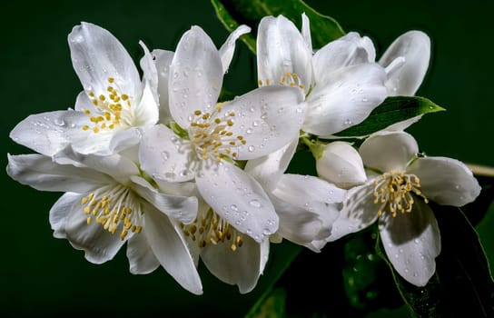 Blooming white jasmine flower on a green background. Flower head close-up.