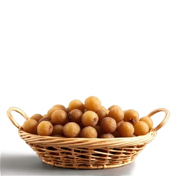 Dried longan berries in a sophisticated wicker basket light brown with a smooth surface. Food isolated on transparent background.