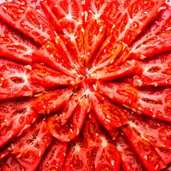 Tomato Slice Mandala juicy red tomato slices fanning out in a symmetrical design seeds glistening. Food isolated on transparent background.