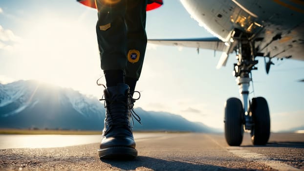 A pilot model with long legs in uniform stockings standing confidently next to an airplane.