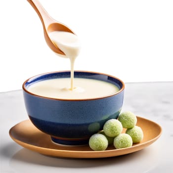 Soy milk in a traditional Japanese cup accompanied by a side of mochi balls and. Milk product isolated on transparent background