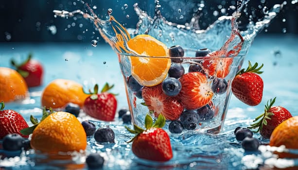 berries in water splash. Strawberries, oranges, blueberries in glass of fruit-infused water