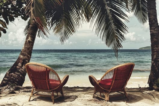 Vintage red rattan chairs on a beach with palm trees and ocean view, summer relax vibe