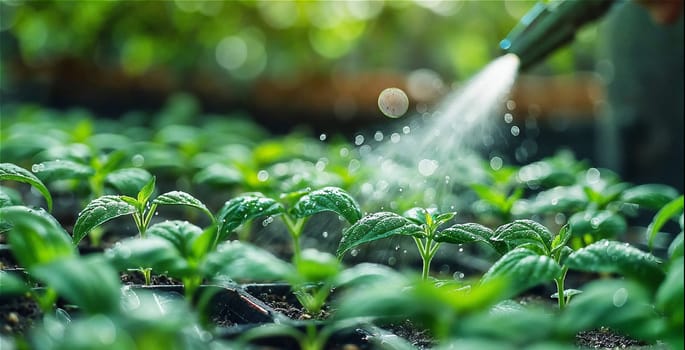 A person carefully waters young plants in pots inside a greenhouse, water droplets sprinkle on seedling leaves.