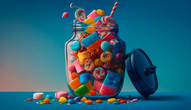 Numerous candies of various shades and shapes overflowing a glass jar. Generative AI, Food.