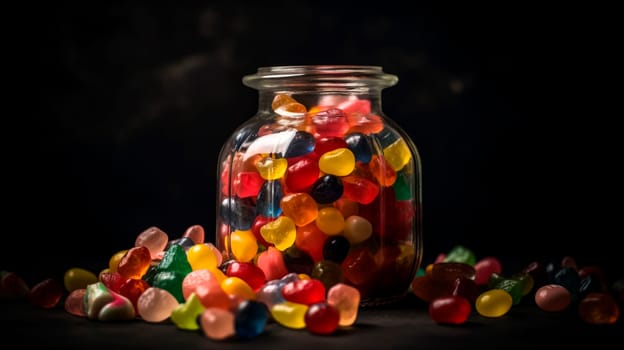 Numerous candies of various shades and shapes overflowing a glass jar. Generative AI, Food.