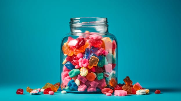 Numerous candies of various shades and shapes overflowing a glass jar. Generative AI, Food.