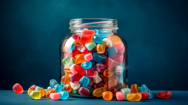 Numerous candies of various shades and shapes overflowing a glass jar. Generative AI, Food.