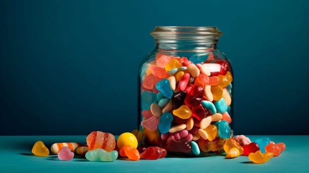 Numerous candies of various shades and shapes overflowing a glass jar. Generative AI, Food.