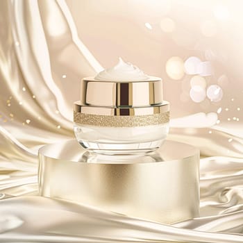 Face cream in a glass jar on a white and gold background. Skin care concept. Backdrop for beauty cosmetic products