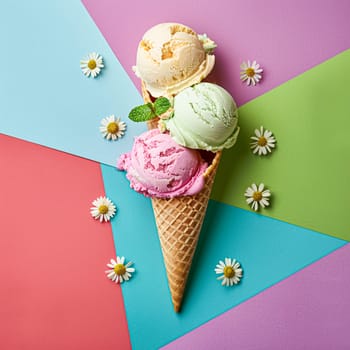 Scoops of ice cream in a waffle cone on a colorful background