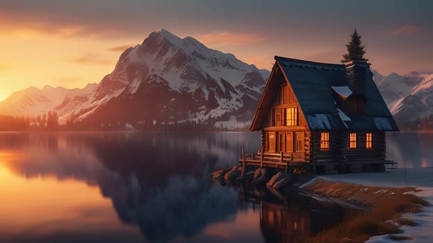 Wooden house on the side of beautiful lake and rocky mountain range. 