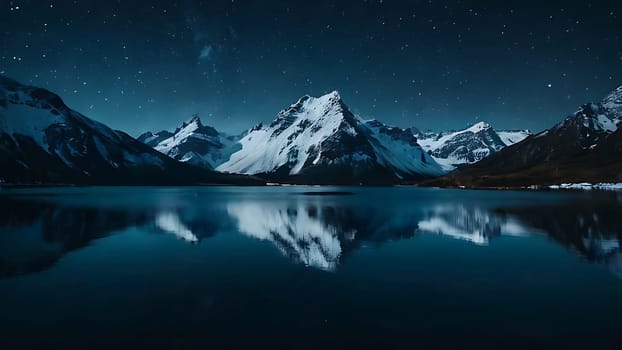 Beautiful lake on the foot of icy mountains range. Mountains and night sky reflection on the surface of water.