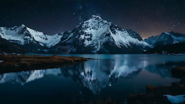 Beautiful lake on the foot of icy mountains range. Mountains and night sky reflection on the surface of water.