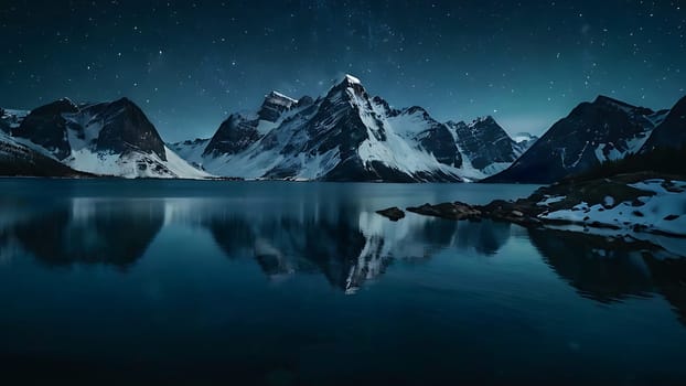 Beautiful lake on the foot of icy mountains range. Mountains and night sky reflection on the surface of water.