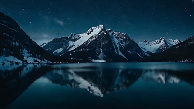 Beautiful lake on the foot of icy mountains range. Mountains and night sky reflection on the surface of water.