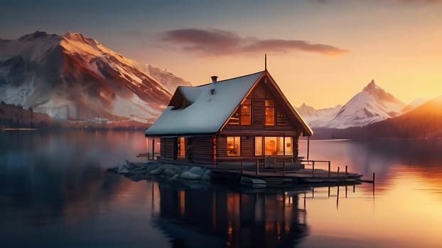 Wooden house on the side of beautiful lake and rocky mountain range. 