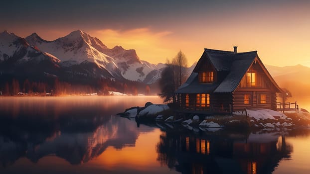 Wooden house on the side of beautiful lake and rocky mountain range. 