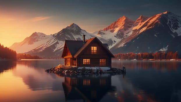 Wooden house on the side of beautiful lake and rocky mountain range. 