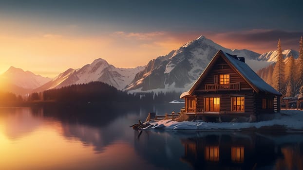 Wooden house on the side of beautiful lake and rocky mountain range. 