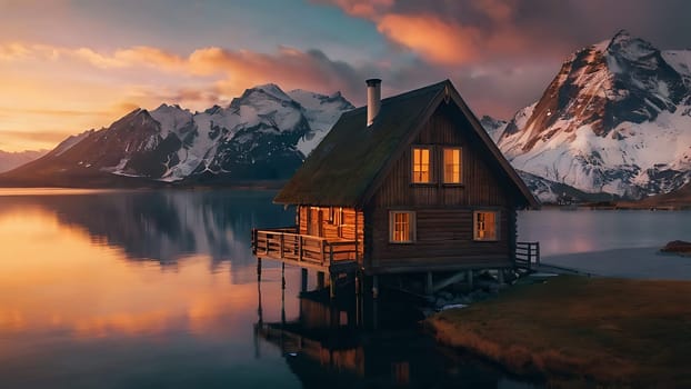 Wooden house on the side of beautiful lake and rocky mountain range. 