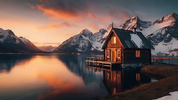 Wooden house on the side of beautiful lake and rocky mountain range. 