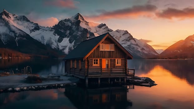 Wooden house on the side of beautiful lake and rocky mountain range. 