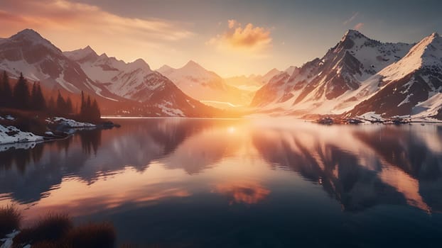 Beautiful lake on the foot of icy mountains range. Mountains and night sky reflection on the surface of water.