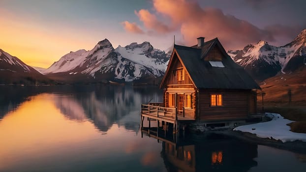 Wooden house on the side of beautiful lake and rocky mountain range. 