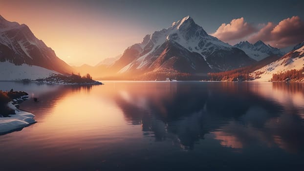 Beautiful lake on the foot of icy mountains range. Mountains and night sky reflection on the surface of water.