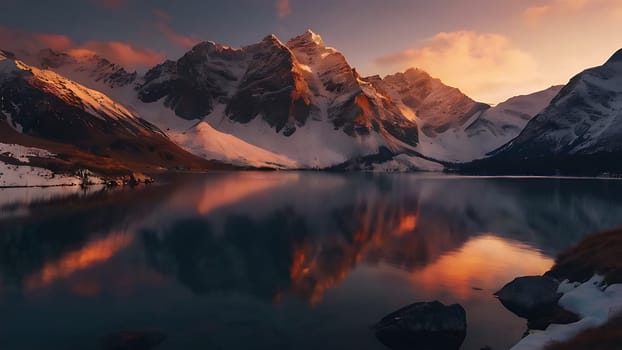 Beautiful lake on the foot of icy mountains range. Mountains and night sky reflection on the surface of water.