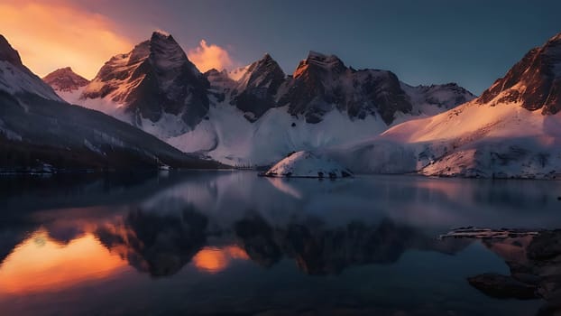 Beautiful lake on the foot of icy mountains range. Mountains and night sky reflection on the surface of water.