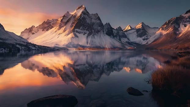 Beautiful lake on the foot of icy mountains range. Mountains and night sky reflection on the surface of water.