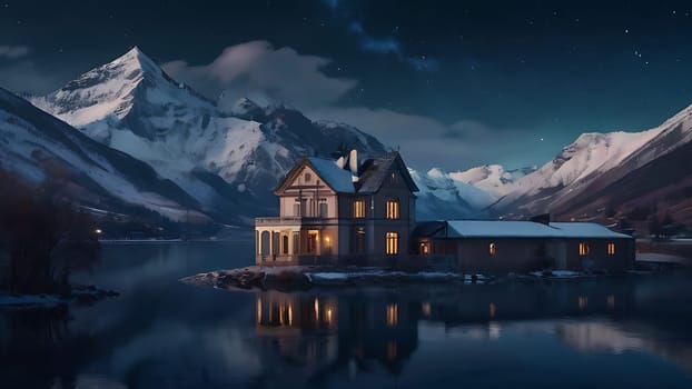 Wooden house on the side of beautiful lake and rocky mountain range. 