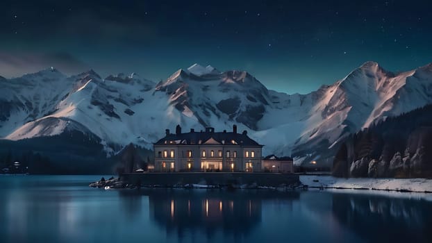 Wooden house on the side of beautiful lake and rocky mountain range. 