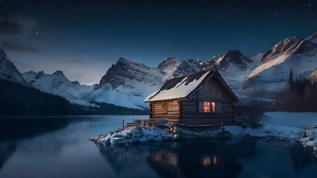 Wooden house on the side of beautiful lake and rocky mountain range. 